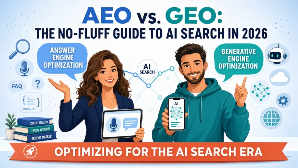 Illustrated blog hero image comparing Answer Engine Optimization (AEO) and Generative Engine Optimization (GEO) for AI search in 2026, featuring two professional characters with SEO and AI icons