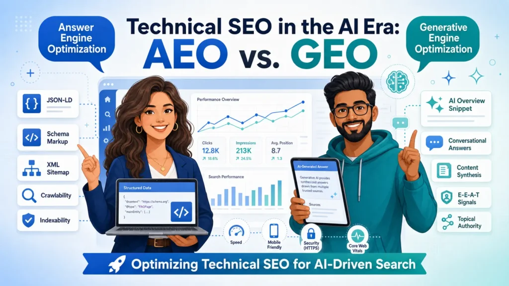 Technical SEO blog hero illustration showing two professionals comparing Answer Engine Optimization (AEO) and Generative Engine Optimization (GEO) in front of dashboards with structured data, crawl reports, and AI search icons.