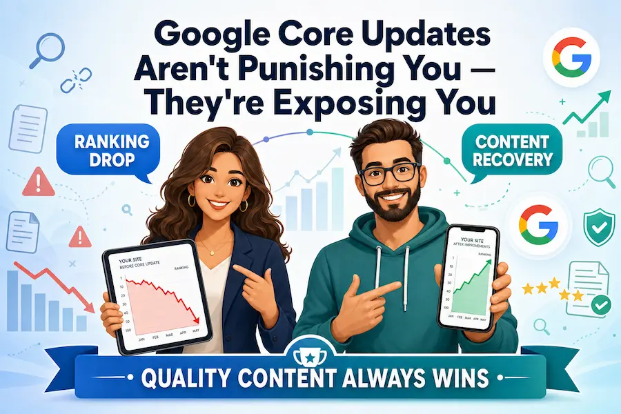 Vector illustration showing two SEO professionals side by side — one holding a tablet with a ranking drop chart, the other holding a phone with a green recovery graph — representing the impact and recovery process of a Google core update