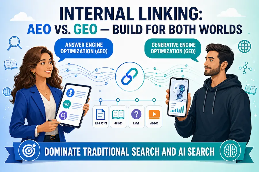 Diagram comparing AEO and GEO internal linking strategies for SEO — professional blog hero image showing Answer Engine Optimization vs Generative Engine Optimization