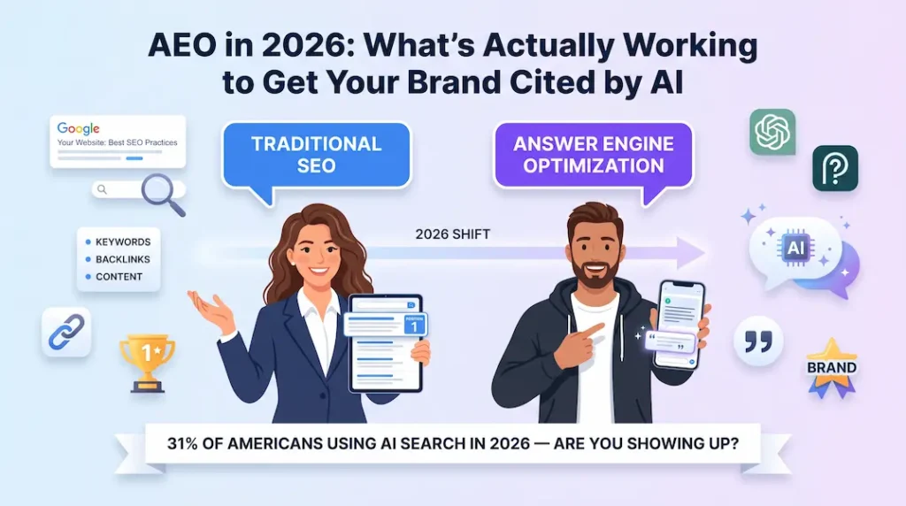 Illustration comparing traditional SEO and Answer Engine Optimization — AEO tactics that get brands cited by AI in 2026