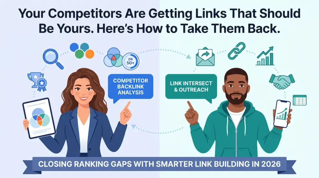 Illustrated guide to backlink gap analysis — competitor backlink research on the left and link intersect outreach strategy on the right, for closing ranking gaps in 2026