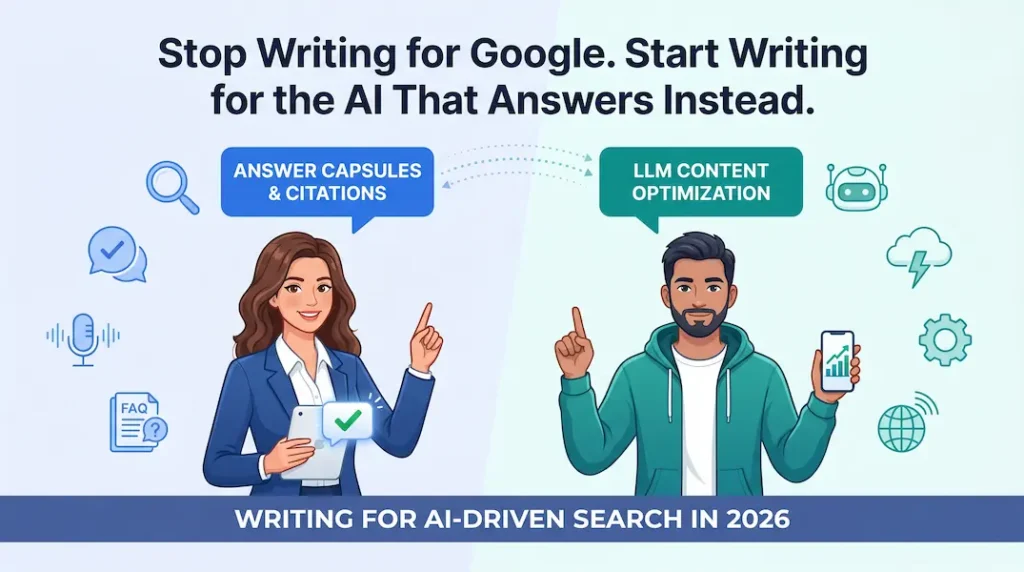Illustrated comparison of Answer Capsules & Citations vs LLM Content Optimization — two professional characters representing the 5 content traits ChatGPT cites most in 2026