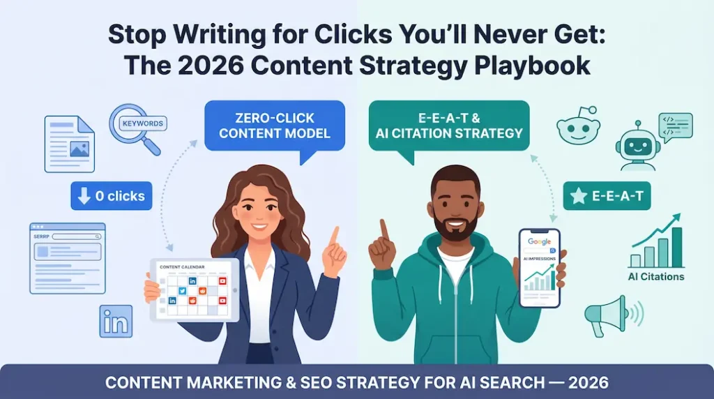 Illustrated comparison of zero-click content model and multi-platform publishing vs E-E-A-T and AI citation strategy — the two pillars of content marketing and SEO in 2026