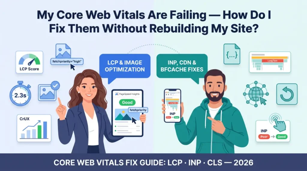 Illustrated comparison of LCP image optimization and fetchpriority fixes vs INP long-task reduction, CDN setup, and bfcache eligibility — a step-by-step Core Web Vitals fix guide for 2026