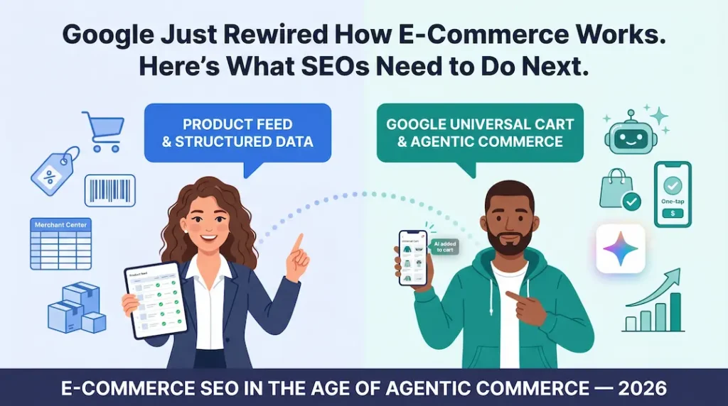 Illustrated comparison of product feed and structured data optimization vs Google Universal Cart agentic commerce — two pillars of e-commerce SEO after Google I/O 2026