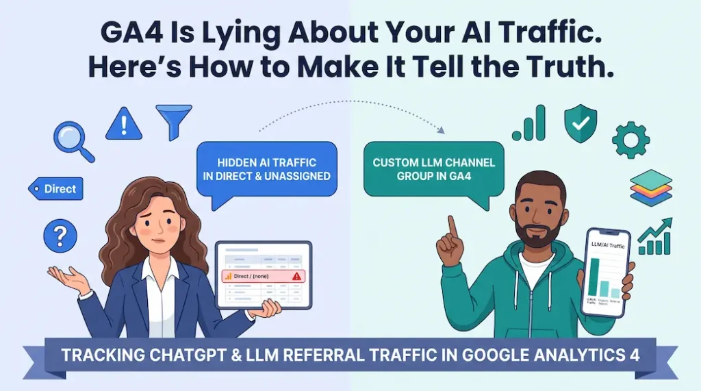 Illustrated comparison of hidden AI traffic buried in GA4's Direct and Unassigned channels vs a properly configured LLM/AI Traffic custom channel group showing ChatGPT and LLM referral sessions