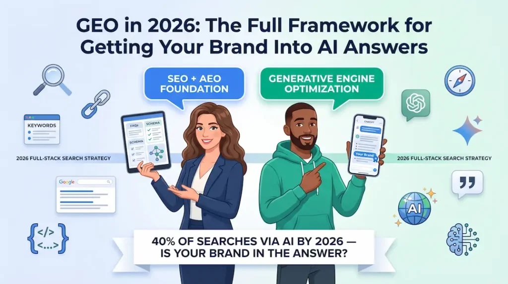 Illustration showing the GEO framework for 2026 — how SEO, AEO, and Generative Engine Optimization work together to earn AI citations