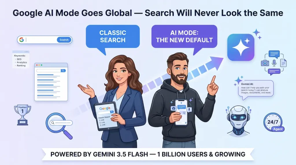 Illustration comparing classic Google search and the new AI Mode powered by Gemini 3.5 Flash after Google I/O 2026 global rollout