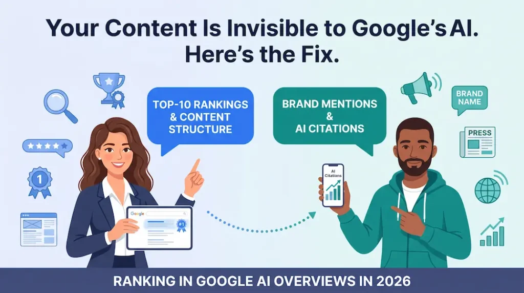 Illustrated comparison of Top-10 Rankings & Content Structure vs Brand Mentions & AI Citations — the four-step playbook for ranking in Google AI Overviews in 2026