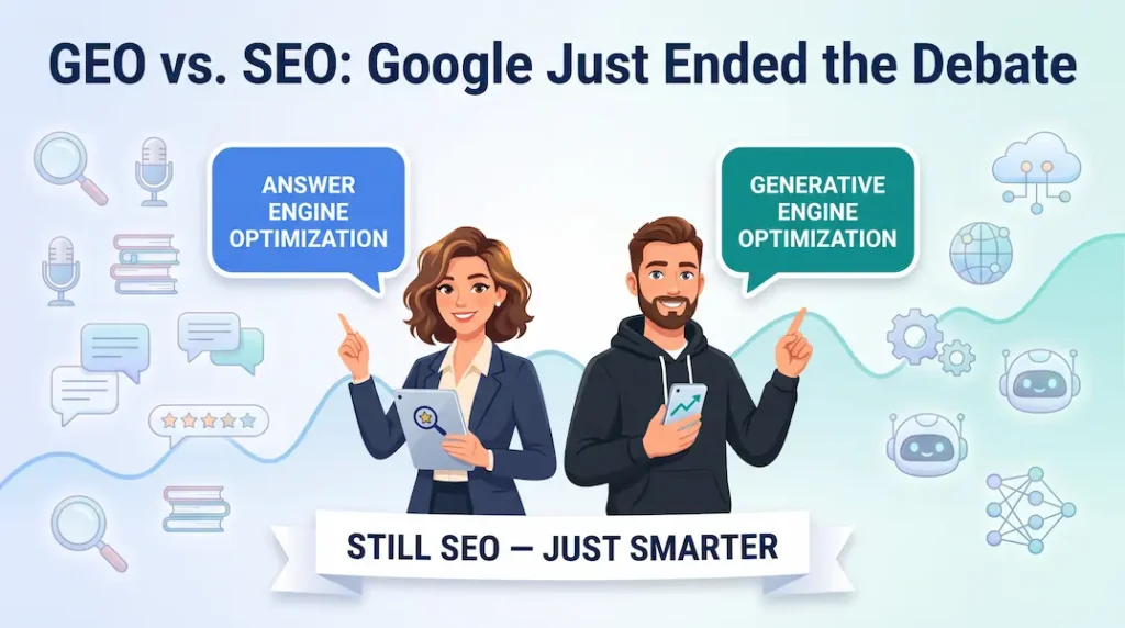 Two professionals comparing Answer Engine Optimization and Generative Engine Optimization — GEO vs. SEO explained