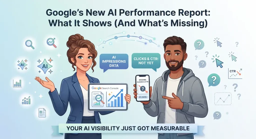 Vector illustration showing two professionals side by side — one holding a tablet with AI impressions data from Google Search Console's new Generative AI Performance Report, the other holding a phone showing missing clicks and CTR metrics