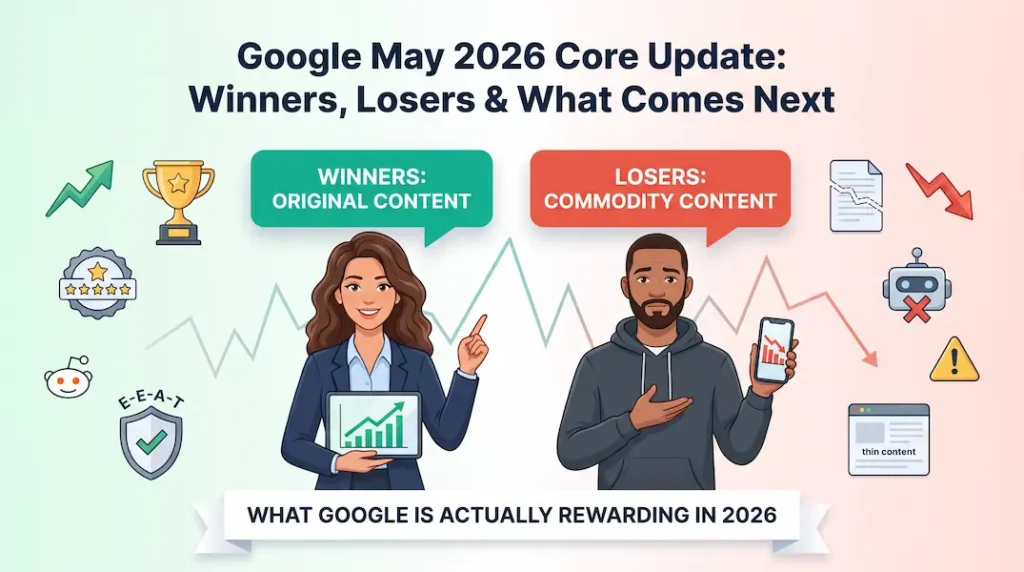 Illustration comparing winners and losers of the Google May 2026 core update — original content rewarded, commodity content penalised