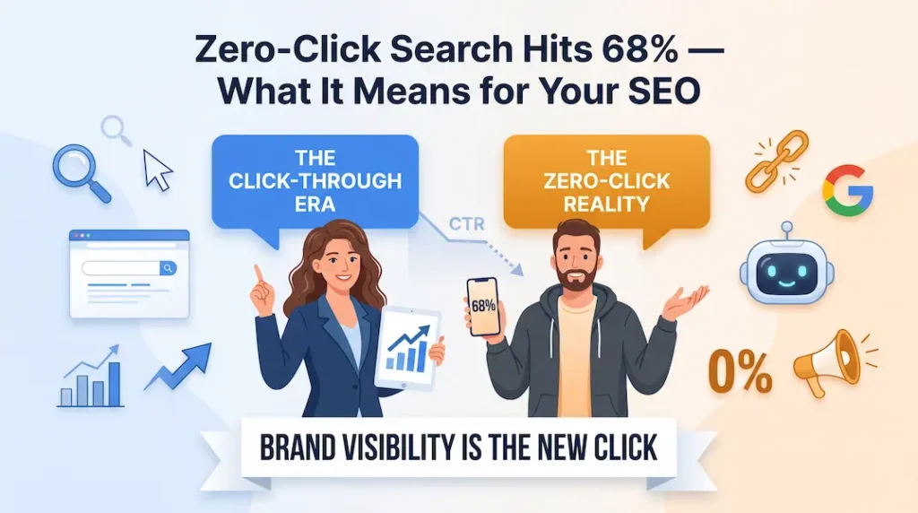 Illustration comparing the click-through era vs. zero-click reality as Google search hits 68% no-click rate in 2026