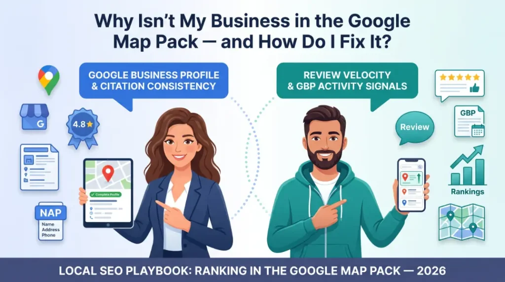 Illustrated comparison of Google Business Profile optimization and NAP citation consistency vs review velocity and GBP activity signals — the two pillars of local SEO Map Pack ranking in 2026