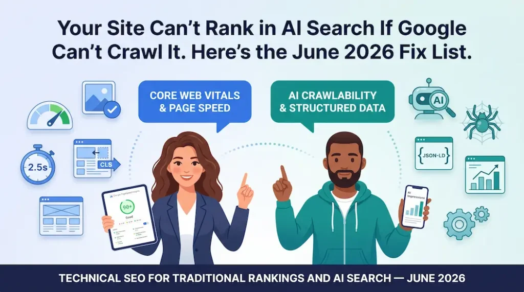 Illustrated comparison of Core Web Vitals and page speed optimization vs AI crawlability and structured data — the two pillars of technical SEO for rankings and AI search in June 2026