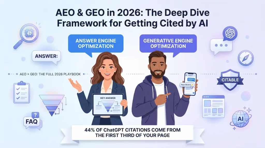 Two professionals — one holding a tablet with an AEO inverted pyramid diagram, one holding a smartphone showing an AI-generated answer with brand citation — illustrating the AEO and GEO framework for 2026 AI search optimization.