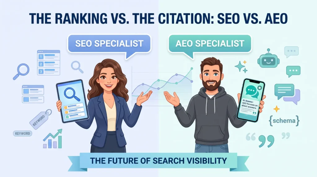 Illustration comparing an SEO specialist and an AEO specialist role for AI search visibility