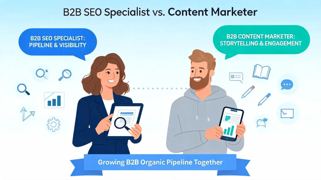 B2B SEO specialist and content marketer illustration comparing search pipeline strategy versus storytelling