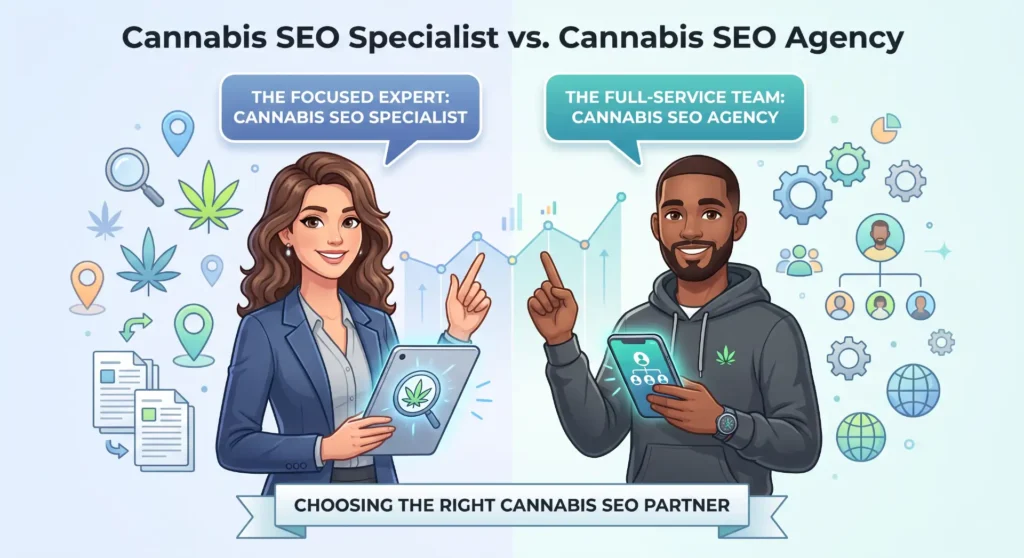 Illustration comparing a cannabis SEO specialist and a cannabis SEO agency, with two professionals representing focused expertise versus full-service teams