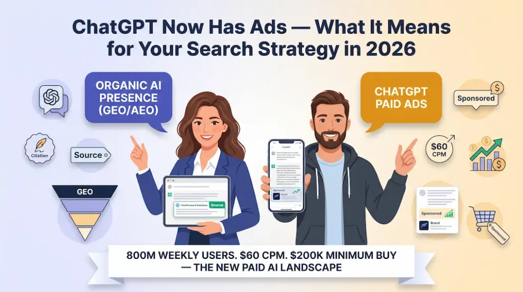 Two professionals, one holding a tablet showing an organic ChatGPT citation badge (GEO/AEO), one holding a smartphone showing a sponsored label inside a ChatGPT conversation illustrating the organic vs paid AI search strategy decision for digital marketers in 2026.