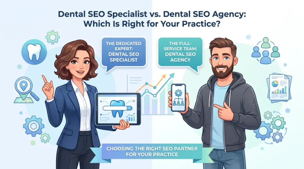 Illustration comparing a dental SEO specialist and a dental SEO agency, each holding a device with dental and team icons