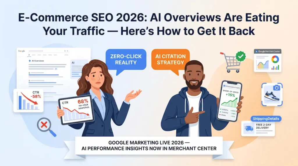 Two professionals — one holding a tablet showing a downward CTR chart from AI Overviews, one holding a smartphone displaying a Google Merchant Center AI Performance Insights share-of-voice dashboard — illustrating the zero-click reality and AI citation strategy for e-commerce SEO in 2026.
