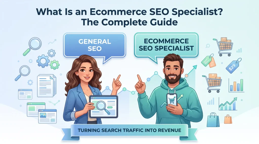 Illustration comparing general SEO and ecommerce SEO specialist roles for online stores