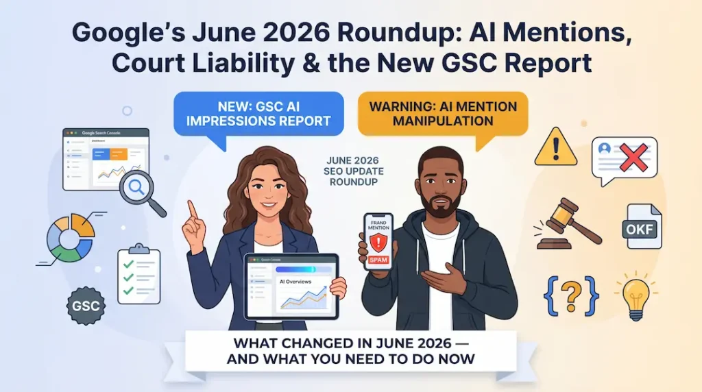 Blog hero illustration for Google June 2026 SEO roundup — GSC AI impressions report, AI mention spam warning, Munich court ruling, and OKF