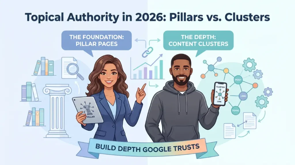 Two marketers comparing pillar pages and content clusters for building topical authority in 2026 SEO