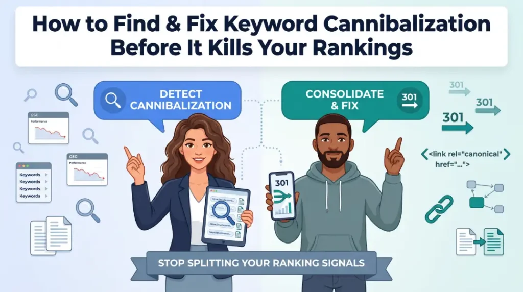 Illustrated comparison of 301 redirect vs canonical tag for fixing keyword cannibalization — a step-by-step guide to detect overlapping pages, pick a preferred URL, and consolidate rankings in 2026