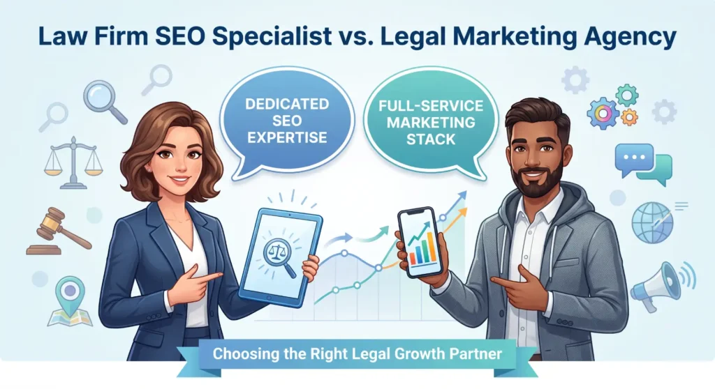 Illustration comparing a law firm SEO specialist and a legal marketing agency, showing dedicated SEO expertise versus full-service marketing.