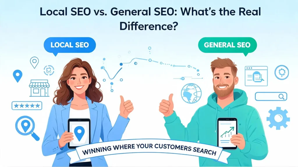 Illustration comparing a local SEO specialist and a general SEO specialist, representing local search vs. traditional SEO strategy differences