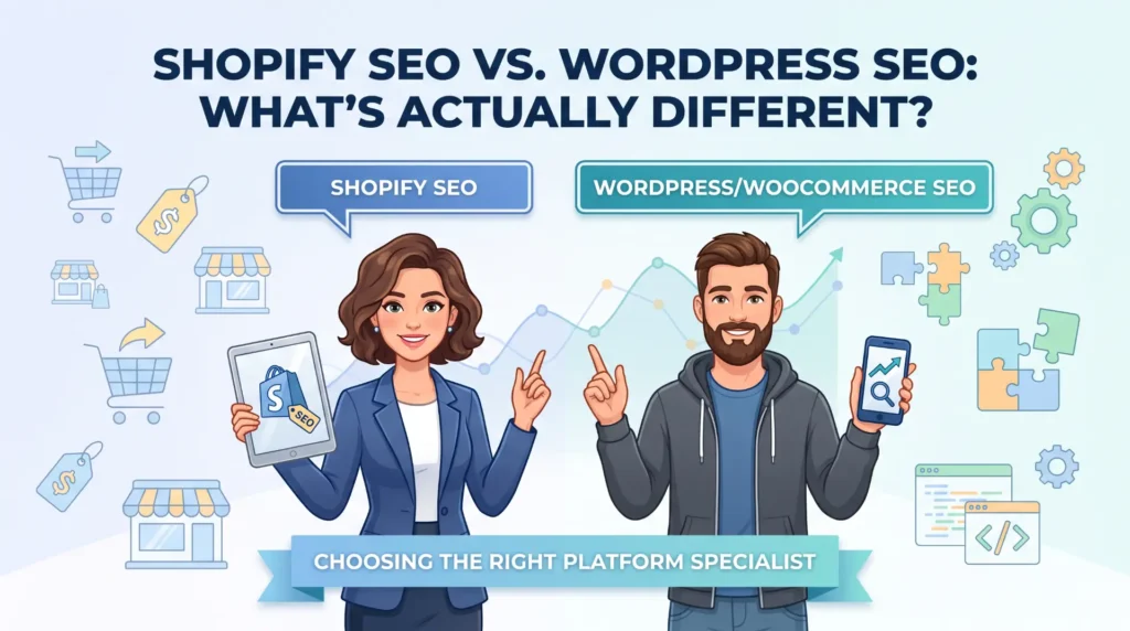 Illustration comparing a Shopify SEO specialist and a WordPress WooCommerce SEO specialist, each holding a device with platform-relevant icons