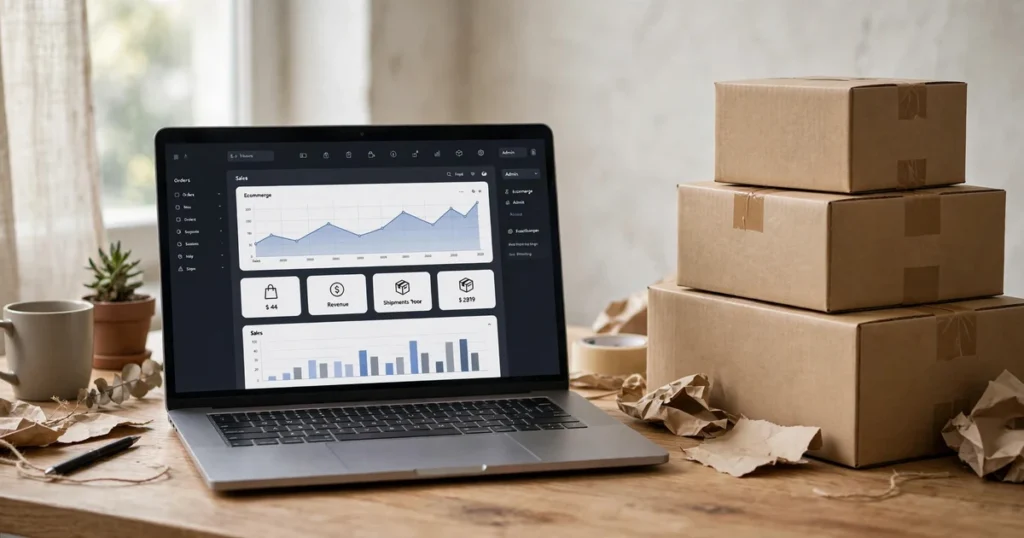 Shopify SEO specialist laptop showing ecommerce store dashboard with shipping boxes