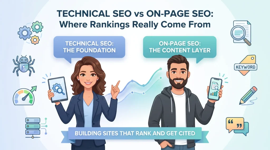 Illustration comparing technical SEO and on-page SEO, showing a specialist with a site-infrastructure icon and a specialist with a content-keyword icon