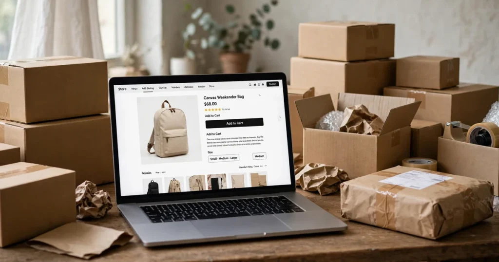 Ecommerce SEO specialist laptop displaying online store product page with shipping boxes