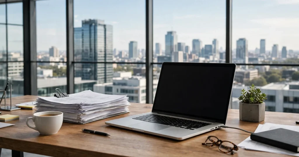 B2B SEO specialist corporate office desk with laptop and city skyline