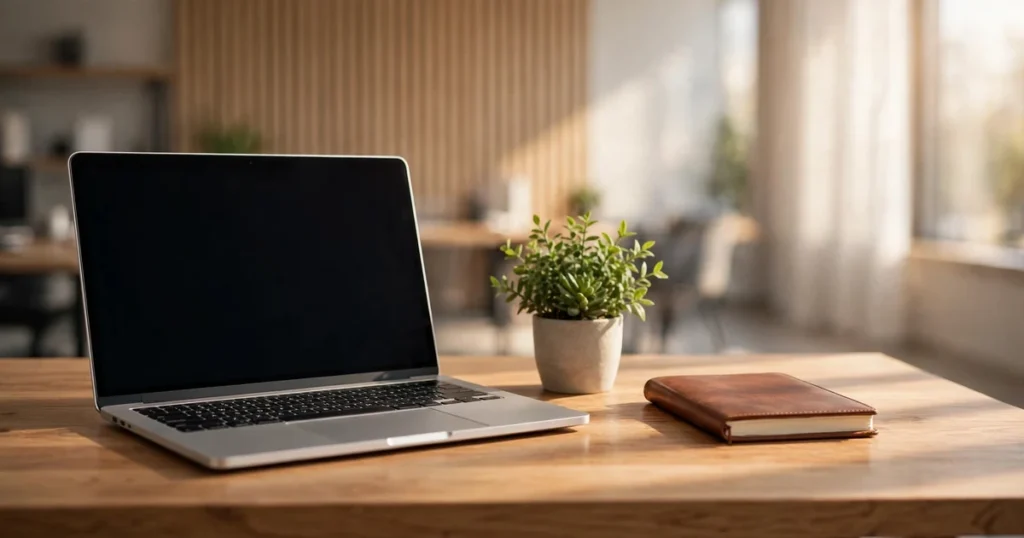 Cannabis SEO specialist office desk with laptop and notebook