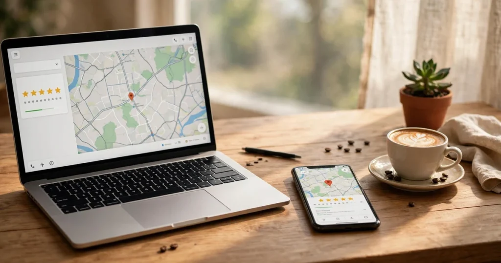 Google Business Profile SEO specialist smartphone and laptop showing business listing with reviews