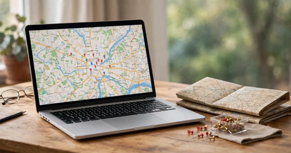 Local SEO specialist laptop showing map search with paper map and pins