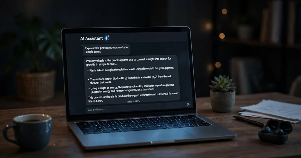 Answer engine optimization specialist laptop showing AI chat assistant interface
