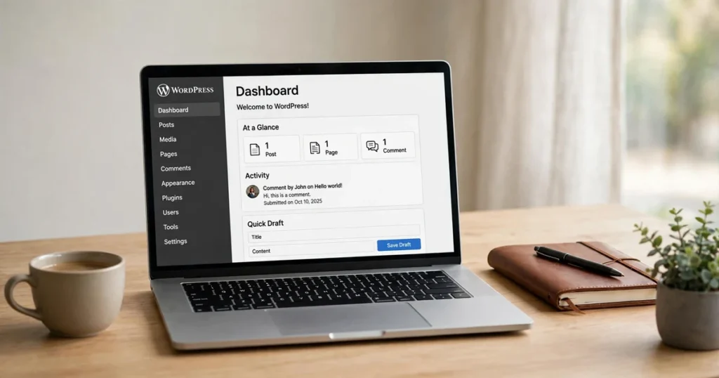 WordPress SEO specialist laptop displaying WordPress admin dashboard
