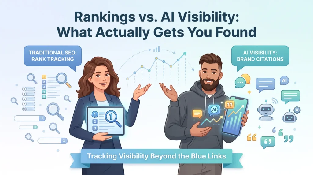 Illustration comparing traditional SEO rank tracking with AI visibility monitoring for brand citations in ChatGPT and Gemini