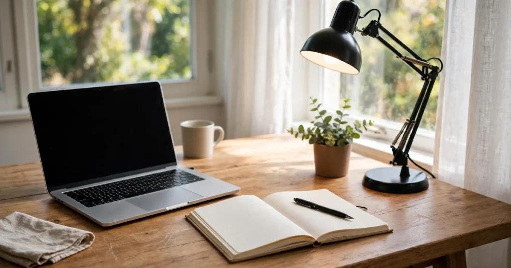 Freelance SEO specialist home office workspace with laptop and notebook
