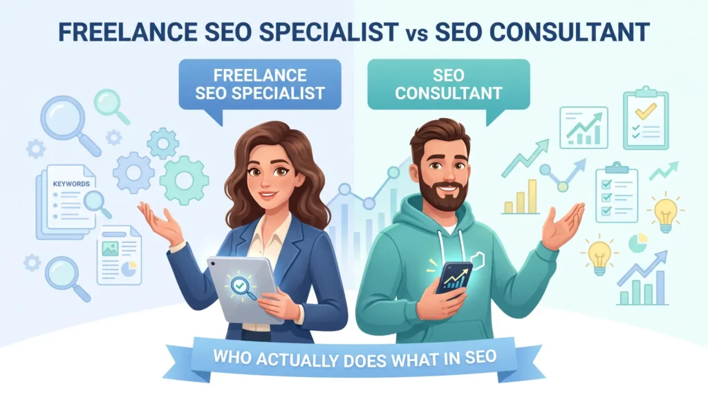 Illustration comparing a freelance SEO specialist holding a tablet with SEO tools and an SEO consultant holding a phone with a strategy chart, representing execution versus advisory roles.