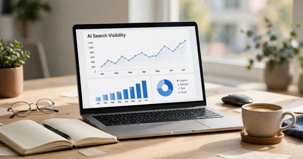 Laptop showing AI search visibility analytics dashboard with traffic charts