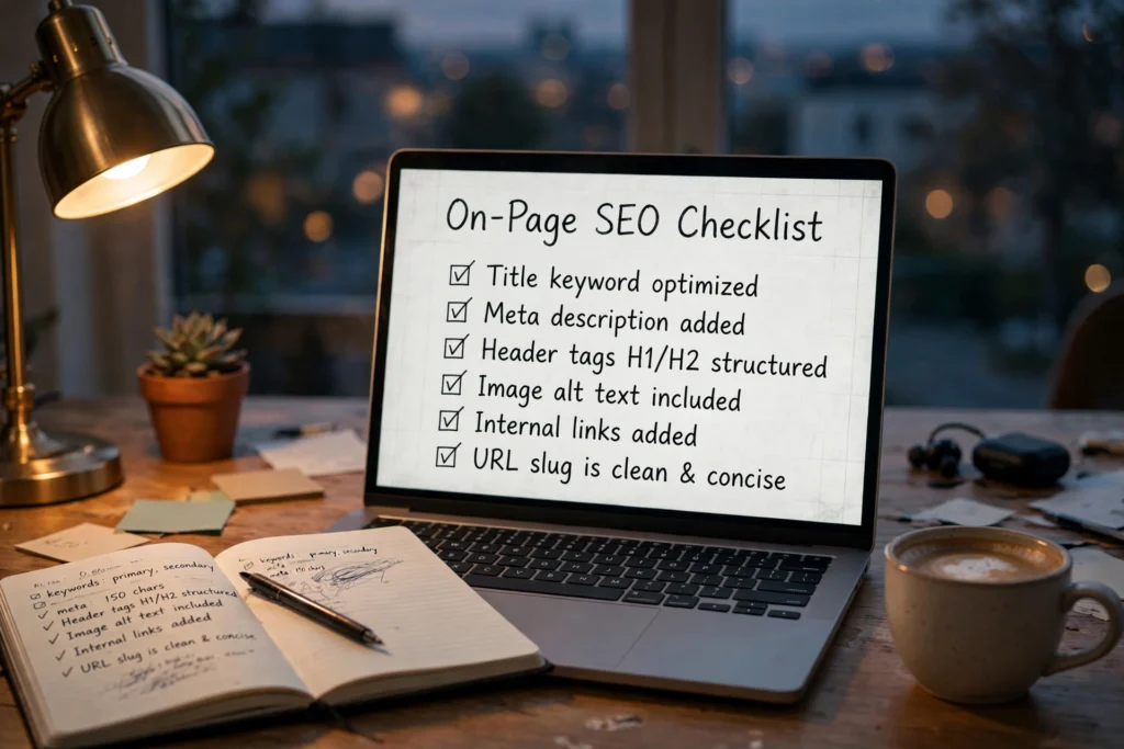 On-page SEO checklist 2026 - title tags, meta descriptions, headings, internal linking