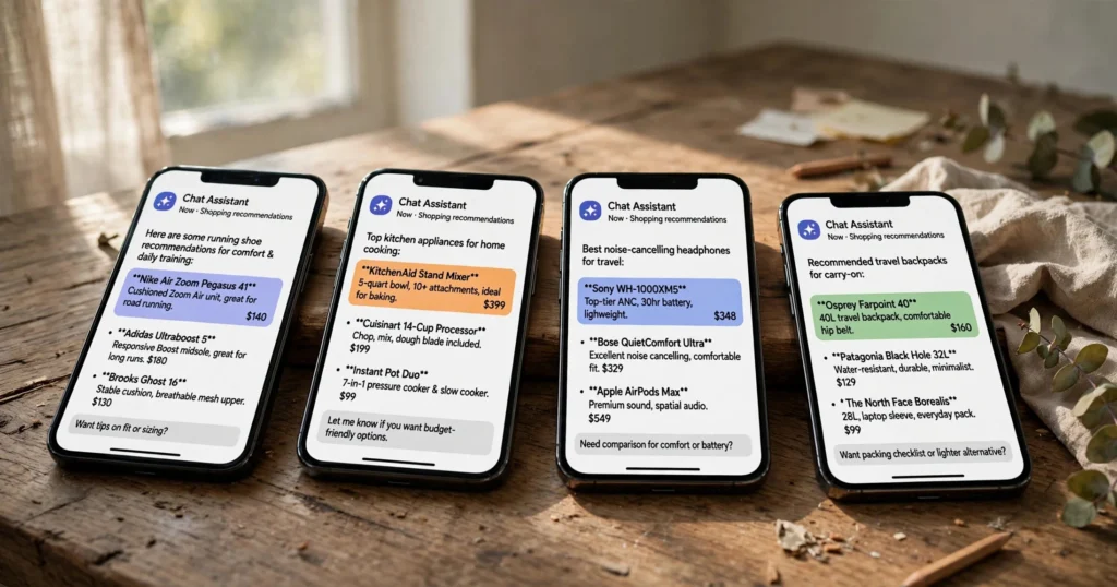 Four phones showing ChatGPT, Claude, Gemini and Perplexity giving different brand mentions for the same shopping query