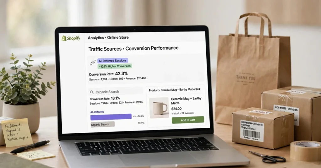 AI-referred Shopify sessions on a laptop showing a product page with parcels and a shopping bag beside it on a desk